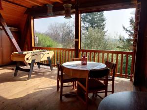 a screened in porch with a table and a surfboard at Chez Pascale & Pierre in Kogenheim