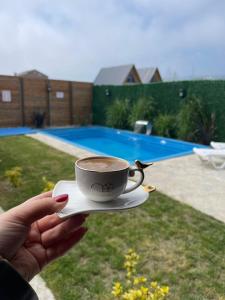 a person holding a cup of coffee on a plate at Deniz Bungalov samsun in Samsun