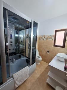 a bathroom with a tub and a toilet and a sink at Casa cu pastravi in Sinaia