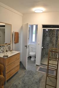 a bathroom with a toilet and a sink and a shower at gîte MAELYSE in La Neuve-Lyre