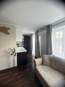 a living room with a couch and a kitchen at Hubane korter järve kaldal in Värska +8 photos