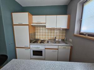 a small kitchen with white cabinets and a sink at Mirnockblick Apartments in Radenthein