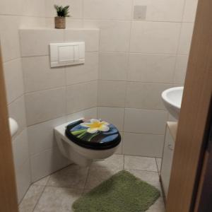 a bathroom with a toilet with a flower on the seat at Fewo Am Waldrand in Heideblick +17 photos
