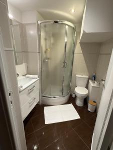 a small bathroom with a shower and a toilet at Paula suite avec terrasse-Croisette, Plage Festival Palais in Cannes +26 photos