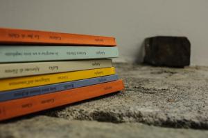 a stack of books sitting on a table at Chambres d’hôtes La Latteria in Torgnon