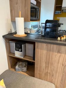 a kitchen with a counter top with a microwave at Mobil home 459 in Pont-Aven +11 photos