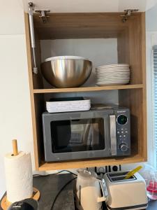 a microwave in a cabinet with a bowl on top at Mobil home 459 in Pont-Aven