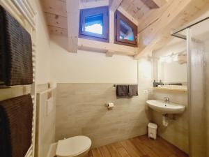 un bagno con lavandino, WC e finestra di Chalet Selva a Valdidentro Altre 65 foto