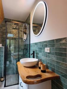 a bathroom with a sink and a glass shower at Transylvantures Cabin in Rimetea