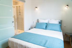 a bedroom with a blue and white bed and a shower at Parnaydisiaque in Parnay