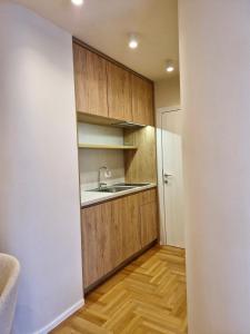 a small kitchen with a sink and wooden cabinets at Luxury Apartments Stefano - Premium in Ohrid +38 photos