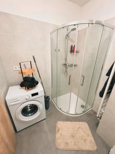 a shower and a washing machine in a bathroom at Serenity Apartment in Mariánské Lázně +13 photos