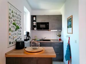 a kitchen with a wooden counter top in a room at Malvenhus in Ahrenshoop