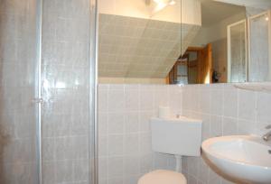 a bathroom with a shower and a toilet and a sink at Malvenhus in Ahrenshoop