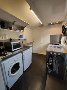 a kitchen with a washing machine and a microwave at Vakantiewoning Deltahof in Ellewoutsdijk