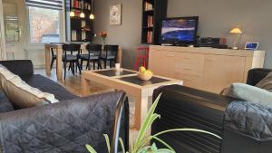 a living room with couches and a tv and a table at Vakantiewoning Deltahof in Ellewoutsdijk +50 photos
