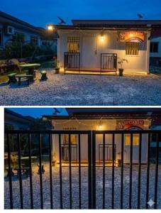 two pictures of a house with a fence in front of it at D'Cabin Roomstay in Sungkai