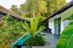 a patio of a house with a plant at The Shore Trishvam in Pondicherry