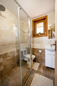 a bathroom with a shower and a toilet and a sink at Székelyföld,Siklódi Kő Vendégház Szénatároló in Şiclod +42 photos