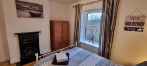 a bedroom with a bed and a fireplace and a window at Sage Cottage Ventnor in Ventnor