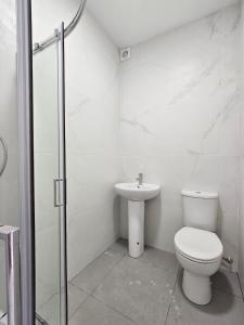 a white bathroom with a toilet and a sink at Luxury Flat 10 mins from Station with BIKE ! in Cambridge