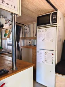 a microwave on top of a refrigerator in a kitchen at Romantic Hot Tub Retreat - Ndlovu 33 Tiny Home, Big 5 reserve in Klipdrift
