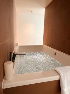 a bathroom with a bath tub with a toilet paper at Appartement avec jacuzzi et vue sur Pyramide in Vienne +2 photos