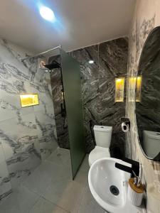 a bathroom with a sink and a toilet and a mirror at Hope Apartments Surulere in Lagos