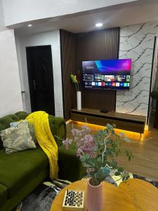 a living room with a green couch and a tv at Hope Apartments Surulere in Lagos