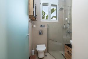a bathroom with a toilet and a glass shower at Celeste Sea View Home with Jacuzzi and BBQ in Psalidi