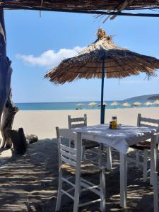 a table with chairs and an umbrella on the beach at Camping Dias in Gythio