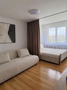 a living room with a couch and a bed at Cozy Butukas in Kėdainiai