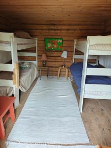a room with two bunk beds and a rug at Aitta majoitus in Kouvola