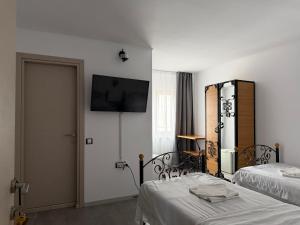 a hotel room with two beds and a television on the wall at Pensiunea Pluto Sulina in Sulina