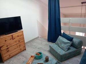 a living room with a couch and a flat screen tv at La Petite de Cayola in Talmont