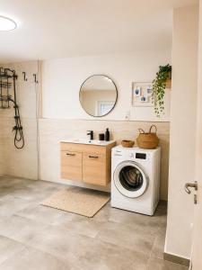 a laundry room with a washing machine and a mirror at Penzion Lederer in Dolní Dunajovice
