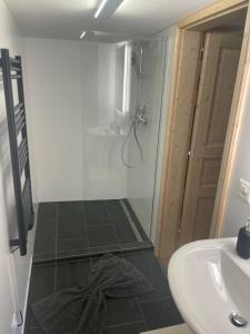a bathroom with a shower and a sink at Chalet Casa Cresta - Top of Lenzerheide - bis 9 Personen in Valbella +47 photos