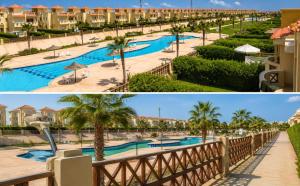 a collage of two pictures of a resort at Luxury Seaside Villa Direct Pool Access, Private Garden & Rooftop Stella Heights Sidi Abdelrahman فيلا مميزه جدا في الساحل الشمالي ستيلا هايتس سيدي عبدالرحمن in El Alamein