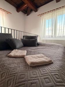 a bedroom with a large bed with two pillows at Medelore Cottage in Medişoru Mare