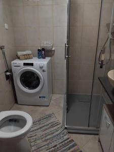 a bathroom with a washing machine and a shower at Apartman "Vuković" in Bizovac +32 photos