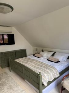 a bedroom with a bed and a tv on the wall at Waterside Cottage in Nagyrév +26 photos