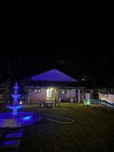 a lit up fountain in a yard at night at Shanti Niketan in Kārwār