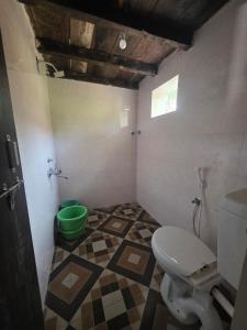 a bathroom with a toilet and a green bowl at Shanti Niketan in Kārwār