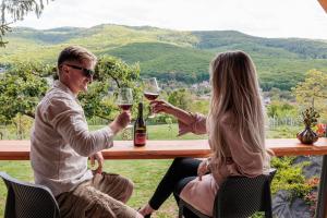 a man and woman sitting at a table drinking wine at Bükk Hill Garden in Miskolc +42 photos