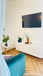 a living room with a tv and potted plants at Stonehouse-Pag in Povljana
