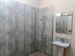 a bathroom with a shower and a sink at Lodge Two The Old Gasworks in Milverton +5 photos