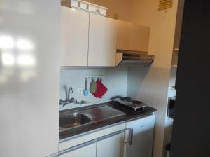 a kitchen with a sink and a counter top at Westdiep 602 zeezicht, verwarmd binnenzwembad in De Panne +1 photo
