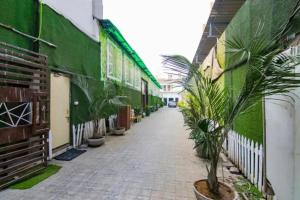an empty alley with potted plants next to a green building at FabHotel Signature Luxe Inn - Chhattarpur in New Delhi
