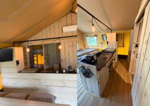 an overhead view of a kitchen in a tiny house at Safaritent Ranger Lodge in Kesteren