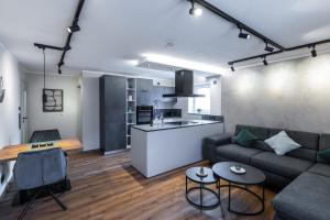 a living room with a couch and a kitchen at Eifel Comfort Luxury Spa Suite mit privatem Whirlpool & Sauna in Pronsfeld